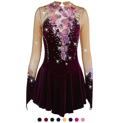 

Figure Skating Dress Women's Girls' Ice Skating Dress Outfits Yan pink Amethyst Violet Flower Spandex High Elasticity Competition Skating Wear Warm Handmade Jeweled Rhinestone Long Sleeve Ice Skating