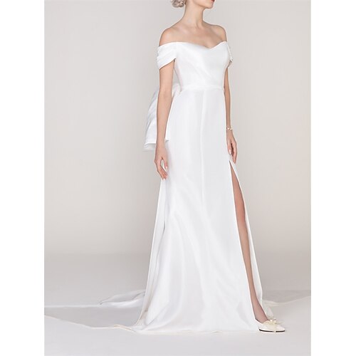 

Sheath / Column Wedding Dresses Off Shoulder Sweep / Brush Train Satin Short Sleeve Country Sexy with Bow(s) Split Front 2022