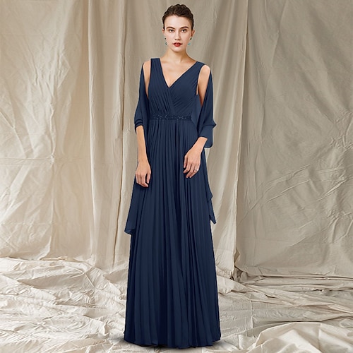 

A-Line Mother of the Bride Dress Elegant V Neck Floor Length Chiffon Sleeveless with Sash / Ribbon Pleats 2022