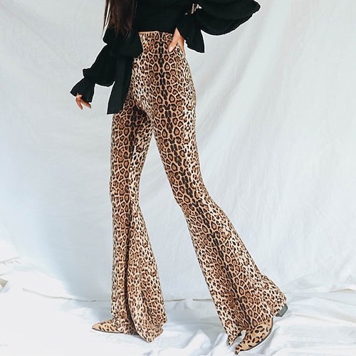 

Women's Flare Pants Trousers Bell Bottom Light Brown High Waist Boho Chino Casual Weekend Micro-elastic Full Length Leopard S M L XL XXL