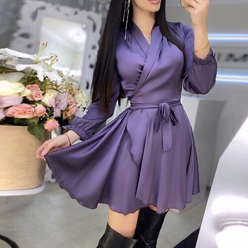 

Women's Purple Light Blue Long Sleeve Pure Color Lace up Winter Fall Autumn V Neck Winter Dress Fall Dress S M L XL XXL