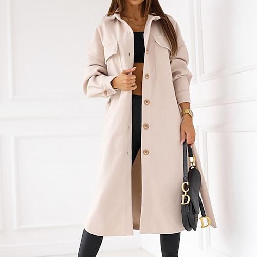 

Women's Coat Street Going out Winter Fall Long Coat Regular Fit Windproof Warm Casual Jacket Long Sleeve Solid Color Black Khaki Apricot / Lace up