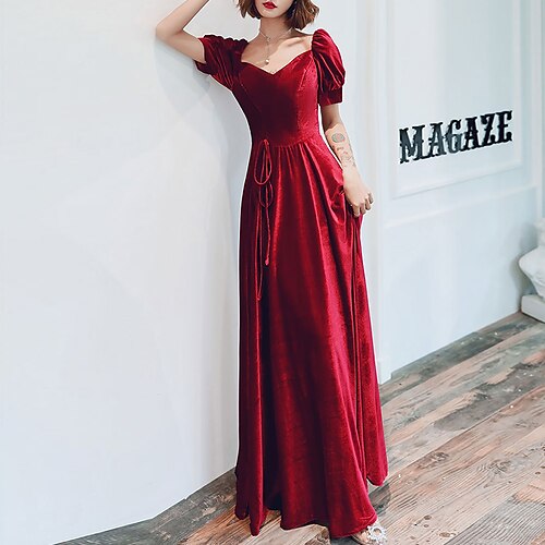 

A-Line Prom Dresses Minimalist Dress Prom Floor Length Short Sleeve Sweetheart Neckline Velvet with Sleek Bow(s) 2022 / Formal Evening
