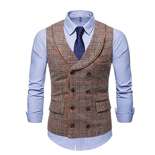 

Men's Punk Vest Plaid Tailored Fit Shawl Collar Double Breasted More-button Dark Grey Coffee Grey 2022