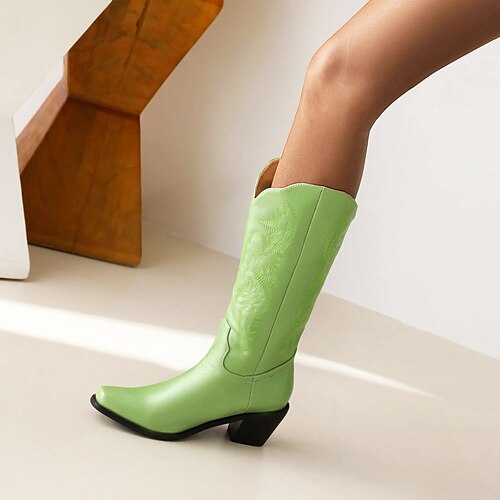 

Women's Boots Daily Cowboy Boots Mid Calf Boots Cuban Heel Square Toe PU Loafer Floral Green Red