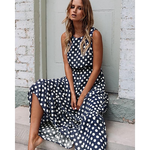 

Women's Swing Dress Boho Dress PolkaDotDress Black Yellow Navy Blue Sleeveless Polka Dot Ruched Spring Summer Crew Neck 2022 S M L XL XXL