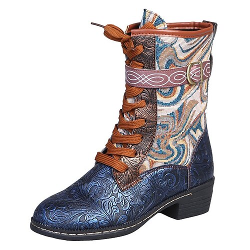 

Women's Boots Cowboy Boots Plus Size Mid Calf Boots Embroidery Block Heel Round Toe Casual Daily PU Leather Zipper Fall Winter Embroidered Green Blue / Mid-Calf Boots
