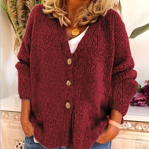 

Women's Cardigan Sweater Jumper Crochet Knit Knitted Solid Color V Neck Casual Date Weekend Drop Shoulder Winter Fall Green Wine S M L / Long Sleeve / Regular Fit