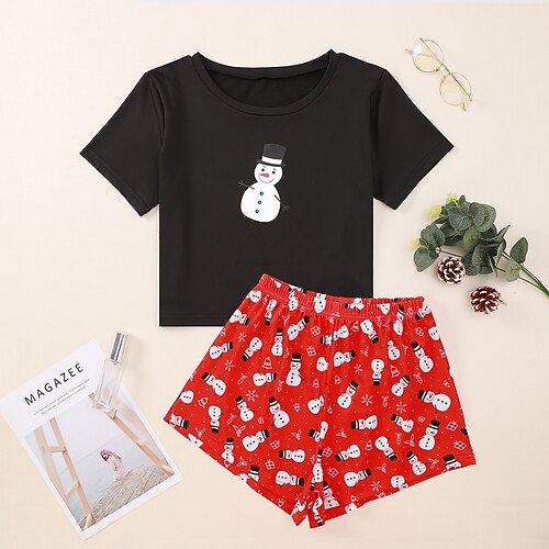 

Women's Gift Pajamas Sets Home Christmas Party Bed Print Santa Claus Elk Christmas Tree Polyester Funny Soft Sweet T shirt Shorts Spring Summer Crew Neck Short Sleeve