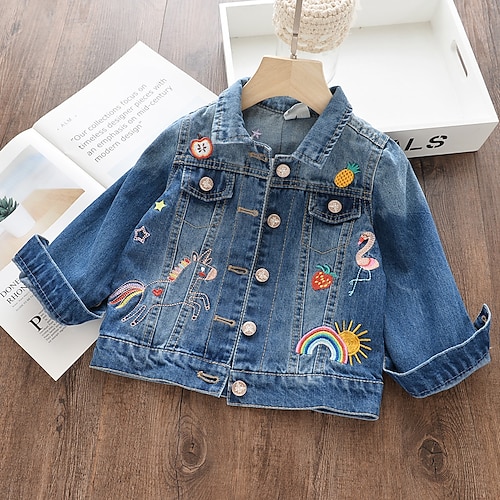 

Kids Girls' Jacket Coat Outerwear Rainbow Unicorn Long Sleeve Embroidered Coat School Cotton Adorable Blue Fall Spring 3-8 Years