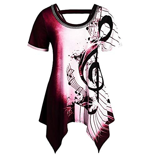 

women short sleeve asymmetrical crewneck plus size musical note print t shirt tops red