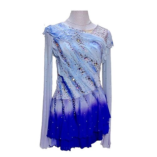 

Figure Skating Dress Women's Girls' Ice Skating Dress Outfits Blue Spandex High Elasticity Training Competition Skating Wear Handmade Crystal / Rhinestone Long Sleeve Ice Skating Figure Skating