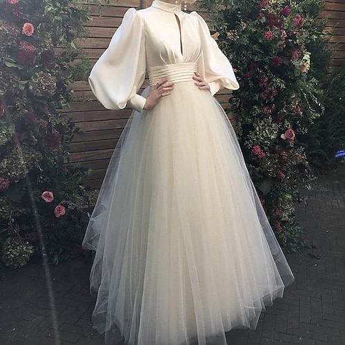 

A-Line Wedding Dresses Jewel Neck Floor Length Satin Tulle Long Sleeve Simple Vintage 1950s with Ruched 2022