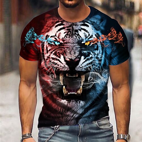 

Homens Camiseta Animal Tigre Decote Redondo Azul Ao ar livre Rua Manga Curta Imprimir Roupa Esportes Moda Roupa de Esporte Casual / Verão