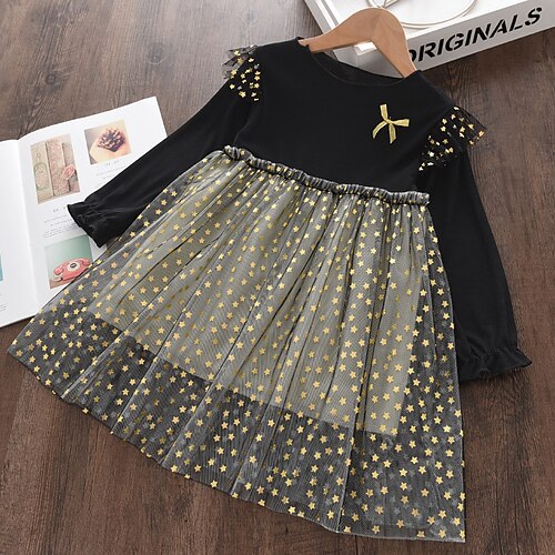 

Kids Girls' Dress Galaxy Tulle Dress Above Knee Dress Daily Patchwork Long Sleeve Cute Dress 2-6 Years Fall Black
