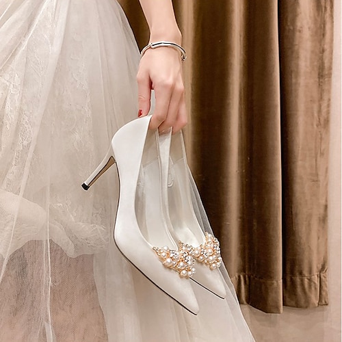 

Women's Wedding Shoes Wedding Office Wedding Heels Bridal Shoes Bridesmaid Shoes Rhinestone Pearl High Heel Pointed Toe Satin Loafer Solid Colored White