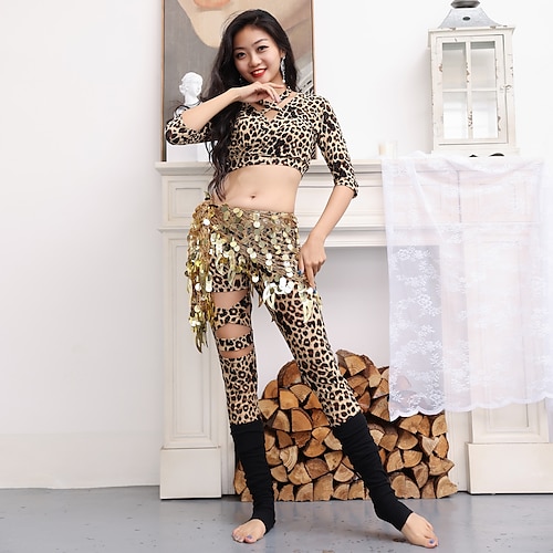 

Belly Dance Top Leopard Print Hollow-out Sequins Women's Performance Theme Party 3/4 Length Sleeve Polyester