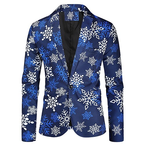

Men's Christmas Ugly Blazer Regular Standard Fit Snowflake Single Breasted One-button Navy Blue 2022
