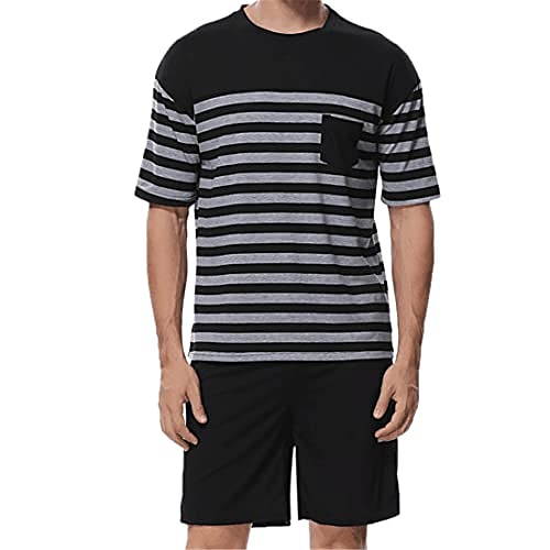 

Herre Nattøy Pyjamas Sett Pyjamas topp og shorts 2 deler Stripe Grunnleggende Myk Hjem Seng Bomullsblanding Crew-hals Kortermet Shorts Sommer svarte strimler Grå striper