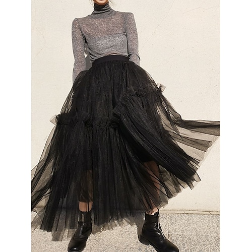 

Women's Skirt Swing Maxi Organza Red Black Skirts Spring & Fall Pleated Ruffle Layered Streetwear Holiday Weekend S M / Loose Fit