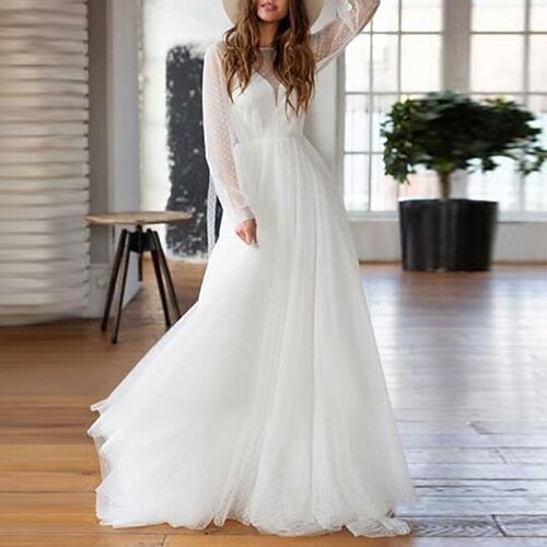 

A-Line Wedding Dresses Jewel Neck Floor Length Tulle Long Sleeve Country Beach Sexy with Pleats 2022