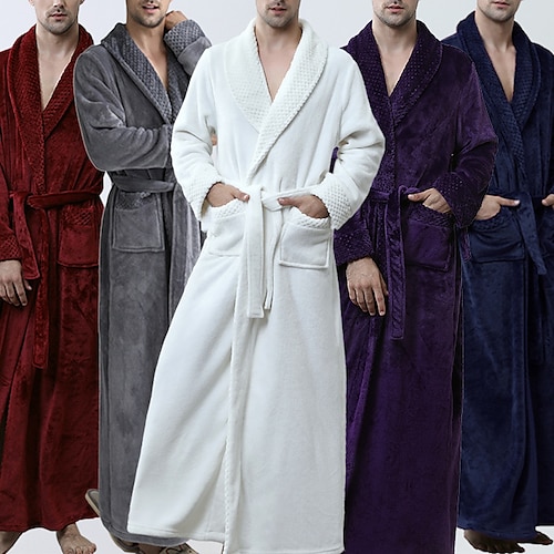 

Men's Pajamas Loungewear Robes Gown Bath Robe 1 PCS Pure Color Fashion Soft Home Bed Spa Polyester Warm Long Robe Basic Winter Fall Purple Wine
