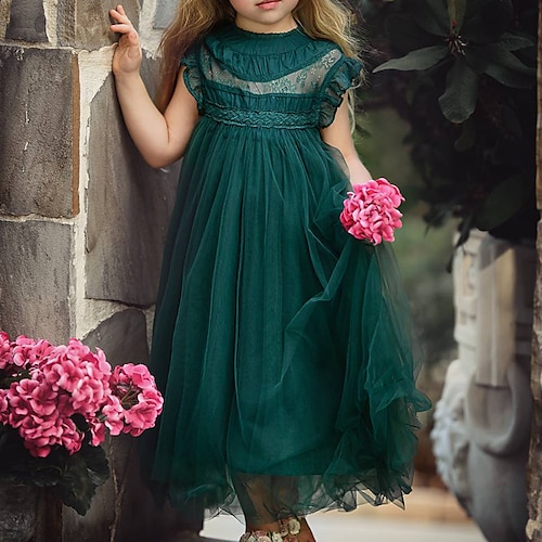 

Toddler Girls' Dress Solid Colored A Line Dress Maxi Dress Daily Lace Sleeveless Cute Dress 2-6 Years Winter Green Black Yellow