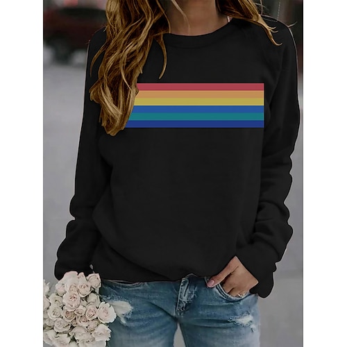 

Women's T shirt Tee Rainbow Graphic Patterned Casual Daily T shirt Tee Long Sleeve Round Neck Basic Essential Casual Green Black Gray S