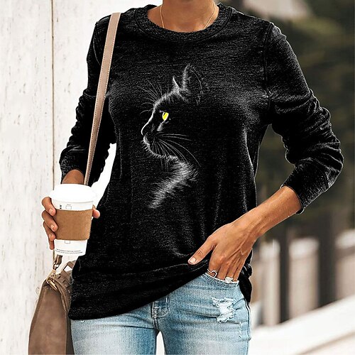 

Women's T shirt Tee Cat Graphic Patterned Daily T shirt Tee Long Sleeve Print Round Neck Basic Essential Green Black Blue S