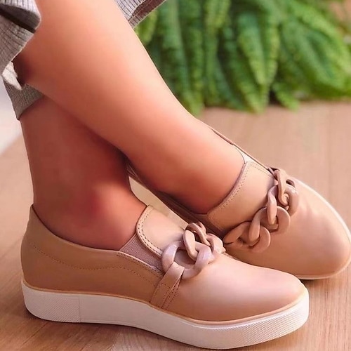 

Women's Slip-Ons Flat Heel Round Toe PU Loafer Solid Colored Black Beige White