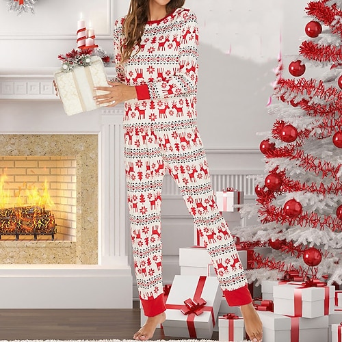 

Women's Christmas Lingeries Gift ChristmasPjs Pajamas Sets 2 Pieces Grid / Plaid Simple Soft Party Home Daily Breathable Crew Neck Long Sleeve T shirt Tee Pant Elastic Waist Pink Red / Print
