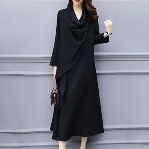 

Women's Casual Dress Swing Dress Midi Dress Black Long Sleeve Pure Color Patchwork Winter Fall Autumn Strapless Party Party Winter Dress Fall Dress 2023 S M L XL XXL 3XL 4XL