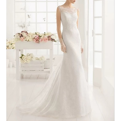 

A-Line Wedding Dresses Jewel Neck Sweep / Brush Train Detachable Lace Satin Tulle Sleeveless Romantic with 2022