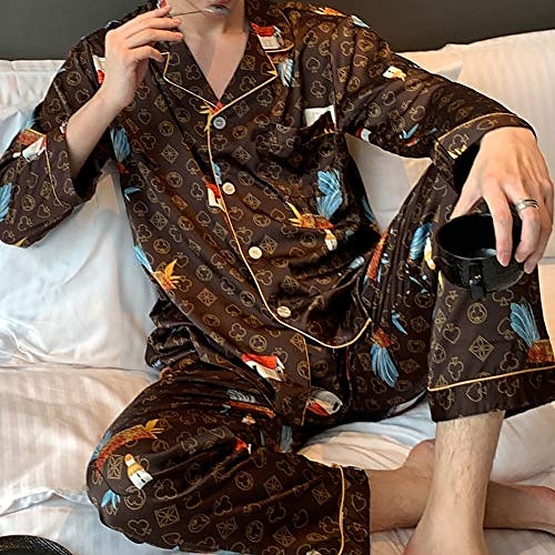 

Men's Pajamas Sleepwear Pajama Top and Pant Silk Pajama 2 Pieces Geometic Soft Home Bed Faux Silk Breathable Long Sleeve Pant Winter Fall A105 small house men