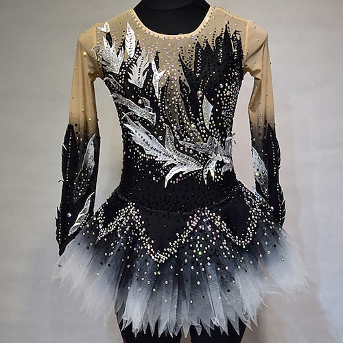 

Figure Skating Dress Women's Girls' Ice Skating Dress Outfits Black Spandex High Elasticity Training Competition Skating Wear Handmade Floral Patchwork Crystal / Rhinestone Long Sleeve Ice Skating
