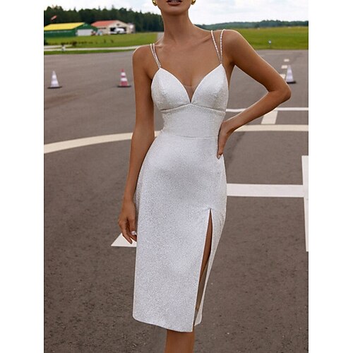 

Sheath / Column Wedding Dresses V Neck Spaghetti Strap Knee Length Sequined Sleeveless Simple Sexy Little White Dress with Sequin Split Front 2022
