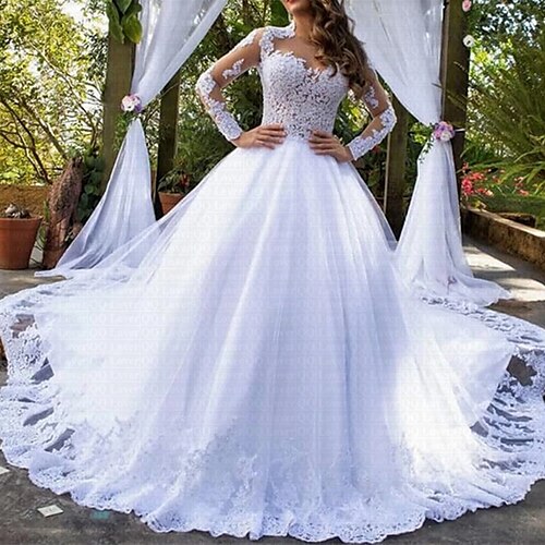 

A-Line Wedding Dresses Jewel Neck Chapel Train Lace Tulle Long Sleeve Formal Luxurious with Lace Appliques 2022