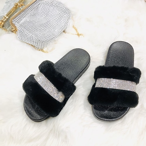 

Women's Fuzzy Faux Plush Soft Fur Memory Foam Cozy Flat Spa Slide Slippers Comfy Home Slipper Indoor Shoes