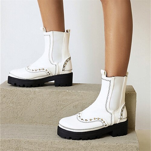 

Women's Boots Daily Chelsea Boots Booties Ankle Boots Rivet Flat Heel Round Toe PU Loafer Solid Colored Black Royal Blue White