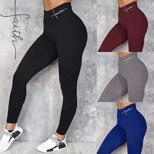 

Women's Skinny Leggings Cotton Blue Wine Gray High Waist Basic Sporty Casual / Sporty Daily Sports Gym High Cut Print Stretchy Full Length Letter S M L XL XXL / Yoga / Mid Waist