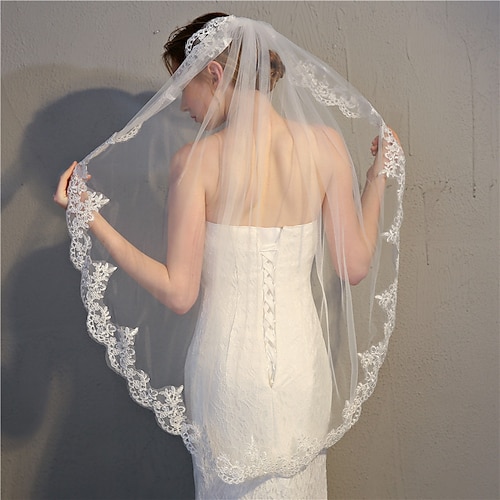 

One-tier Lace Wedding Veil Fingertip Veils with Solid 39.37 in (100cm) Tulle / Polyester / Cotton Blend