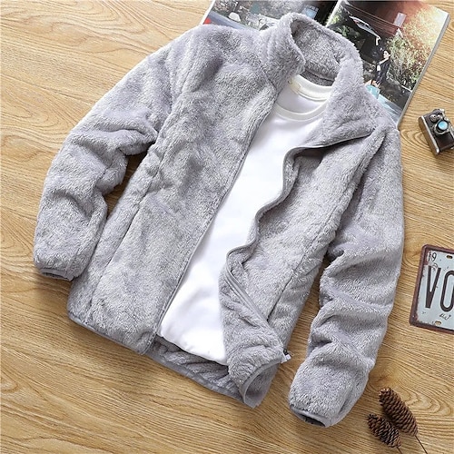 

Men's Winter Jacket Winter Coat Sherpa jacket Fleece Jacket Parka Polar Fleece Warm Breathable Sport Daily Zipper Stand Collar Casual Jacket Outerwear Solid Color Plain Pocket Black light coffee Navy