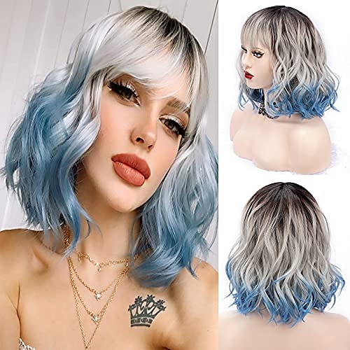 

Ombre Silver and Blue Bob Wigs with Bangs, Dark Roots Short Wavy Bob Hair Non-Lace Wig , 150% Density Natural Dark Roots Heat-Resistant Synthetic Cosplay Curly Wig for Women, 12 inch