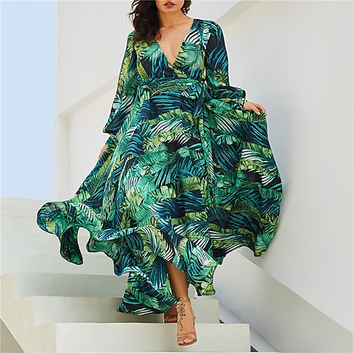 

Women's Plus Size Curve A Line Dress Floral V Neck Print Lantern Sleeve Long Sleeve Fall Spring Casual Mumu Maxi long Dress Daily Holiday Dress / Summer