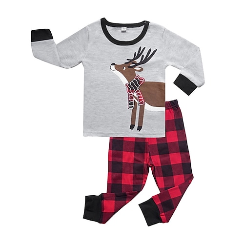 

2 Piezas Niños Chico Navidad Conjunto de Ropa Vestimenta Animal Plaid Cada Manga Larga Estampado Algodón Establecer Exterior Activo Básico Otoño Primavera 2-8 años Gris