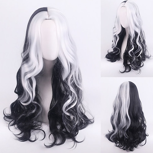 

101 Dalmatians Cruella De Vil Cosplay Wigs Women's Middle Part / Heat Resistant Fiber Curly Wavy Glamorous & Dramatic Black White Teenager Adults' Anime Wig / Washable / # / Synthetic Hair / # / Yes