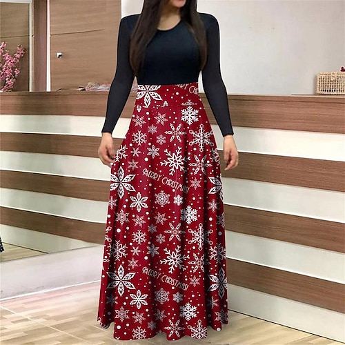 

Women's Christmas Maxi long Dress Blue Purple Wine Black Fuchsia Green Dark Blue Long Sleeve Floral Print Geometric Print Fall Winter Crew Neck Casual 2021 S M L XL XXL