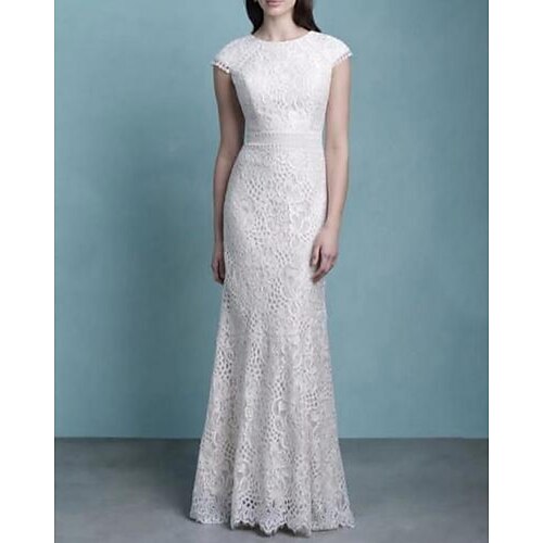 

Sheath / Column Wedding Dresses Jewel Neck Sweep / Brush Train Lace Cap Sleeve Romantic Sexy with Appliques 2022