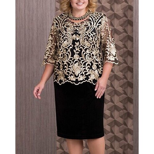 

Women's Plus Size Party Dress Floral Crew Neck Lace Long Sleeve Winter Fall Elegant Prom Dress Knee Length Dress Formal Party Dress