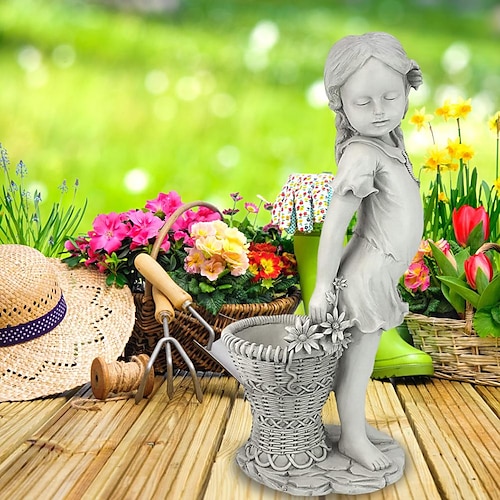 

Resin Flower Girl Garden Statue Sculpture Child Figurine Planter Basket Lawn Ornament Outdoor Garden Yard Decor Decorations